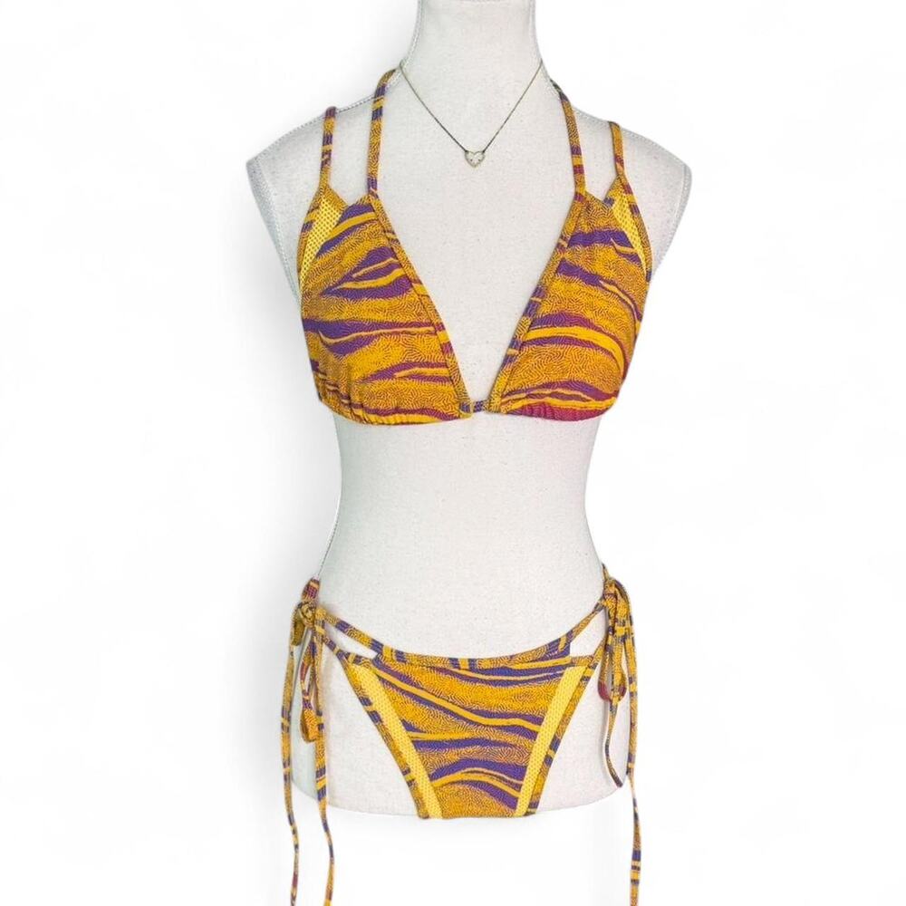 Icons Swim double layered bikini yellow and purple tiger stripe pattern Size L